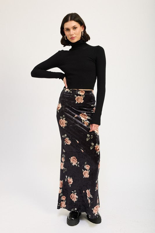 Emory Park High Waist Maxi Pencil Skirt in black floral print worn with black turtleneck top