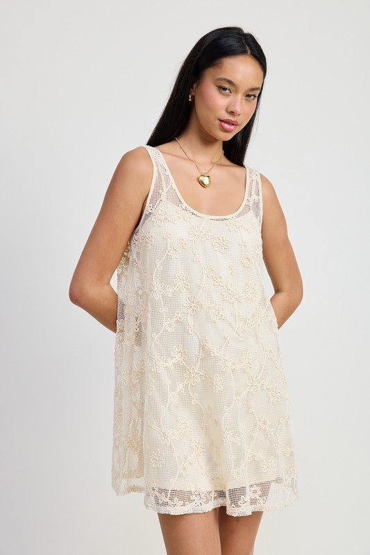 Emory Park Mini Floral Crochet Dress in cream with sleeveless design and floral lace detailing