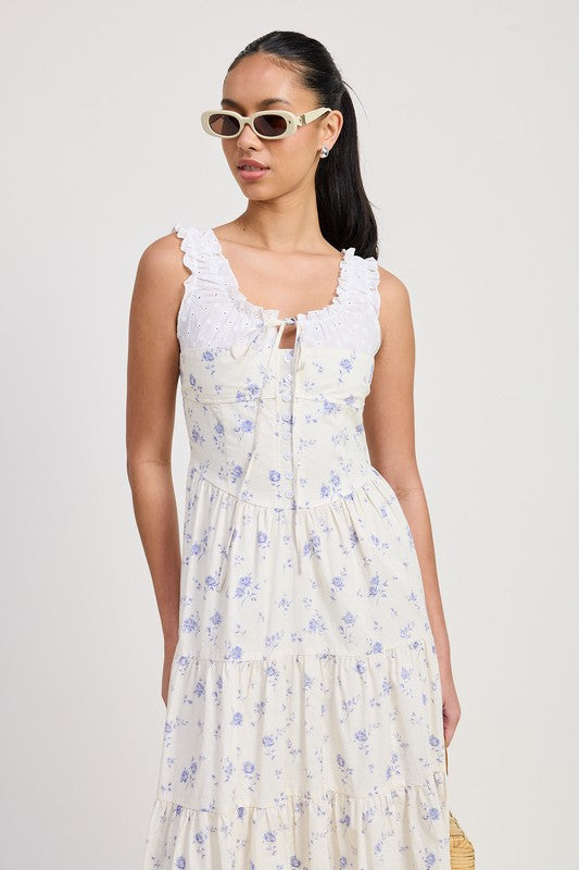 Emory Park Mixed Media Eyelet Peekaboo Midi Dress with floral print and ruffle neckline worn with sunglasses