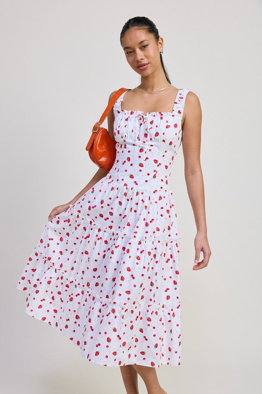Emory Park Poplin Midi A-Line Dress in white with red floral print worn by a woman with orange shoulder bag