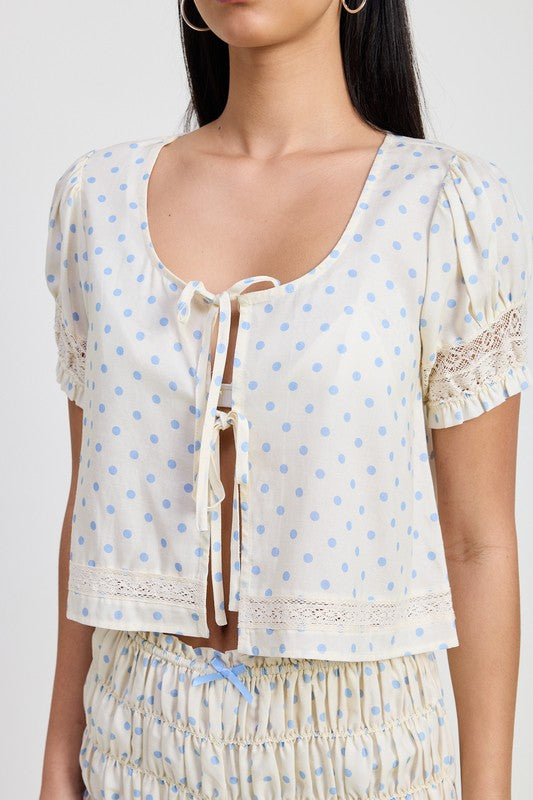 Emory Park Puff Sleeve Tie Front Top in cream with blue polka dots and lace trim