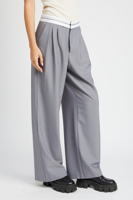 Emory Park gray Reverse Waist Band Tailored Pants with pleats and white waistband styled with black chunky shoes