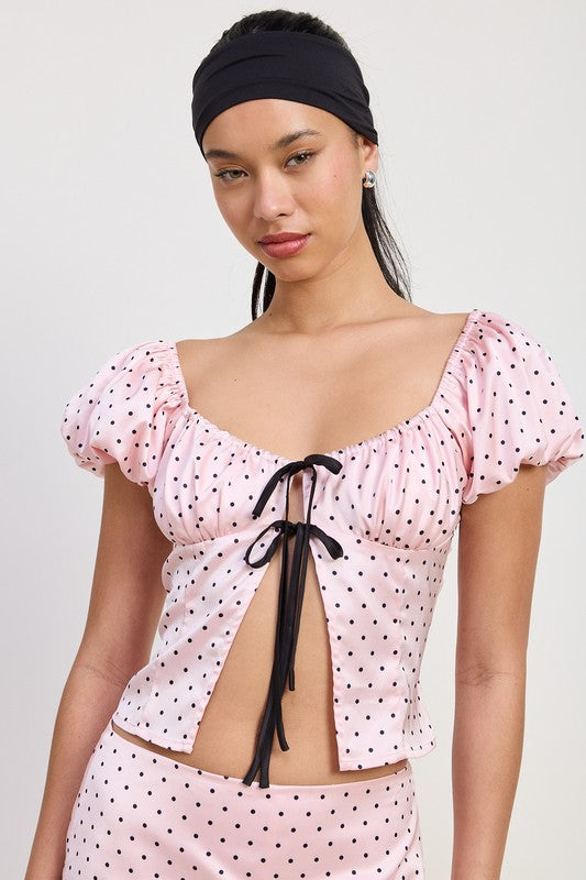 Emory Park squared neck polka dot bubble sleeve top in pink with black dots and front tie detail