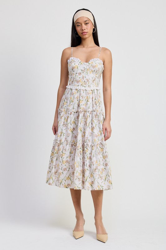 Emory Park Midi Floral Corset Dress with adjustable straps and tiered skirt in soft pastel colors