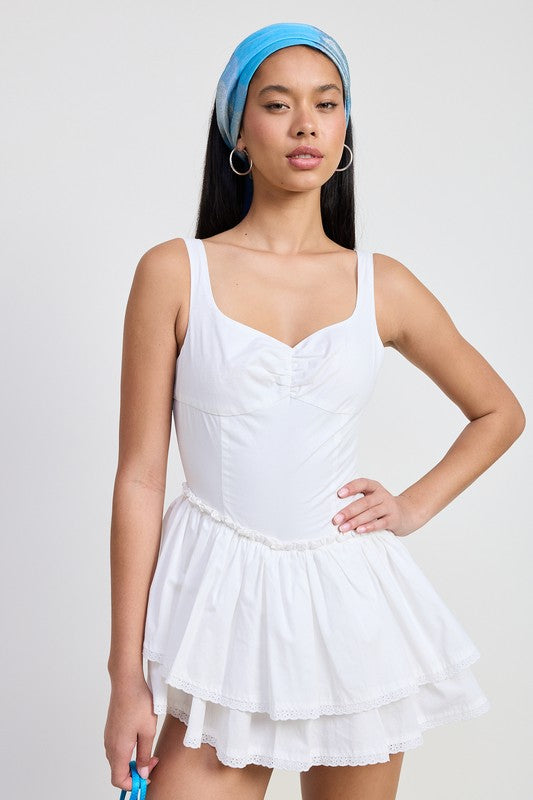 Emory Park mini asymmetrical sleeveless dress in white with layered skirt and fitted bodice