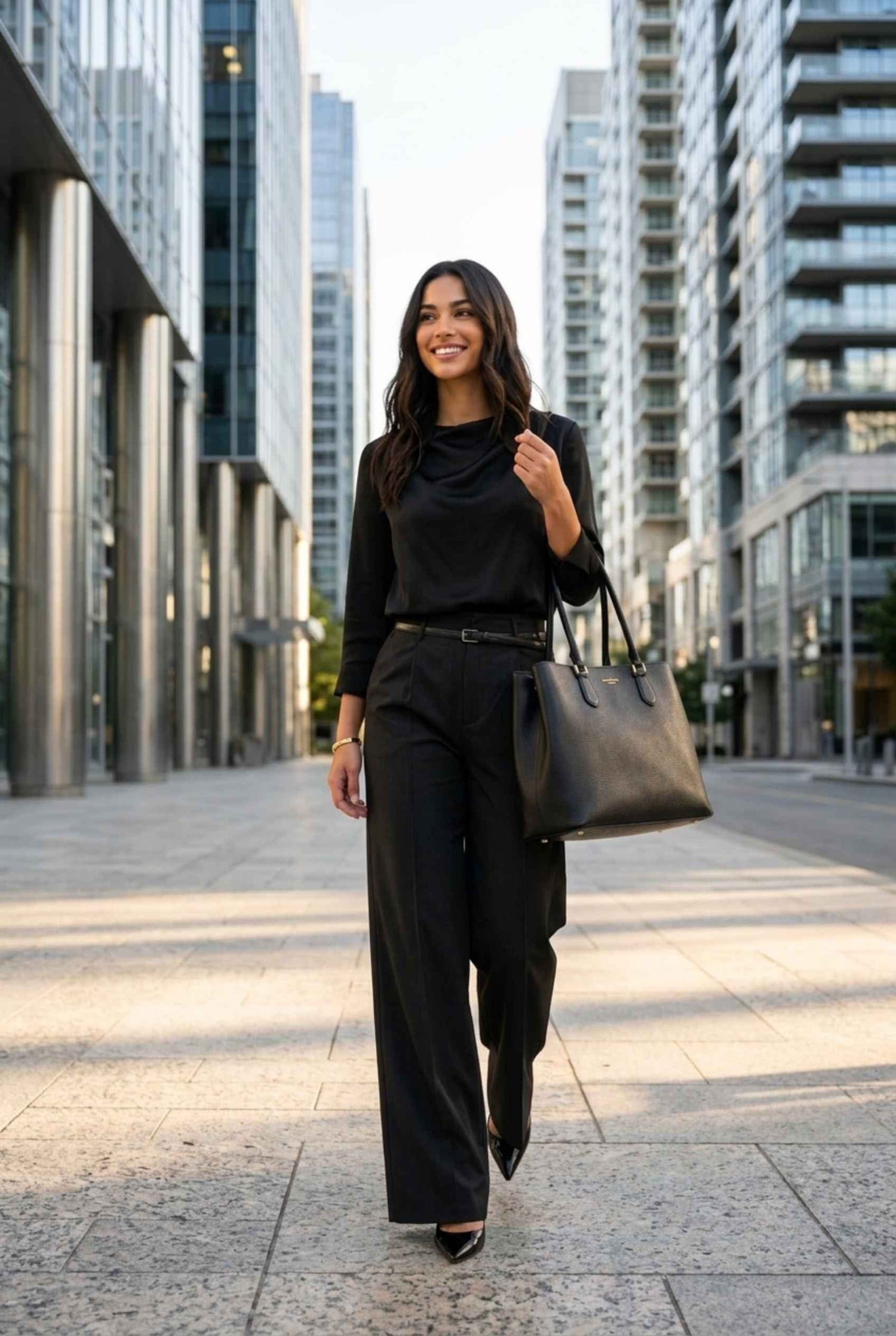 Virtual Model wearing The Milan Pintuck Trouser High Waisted Wide Black Leg Pants