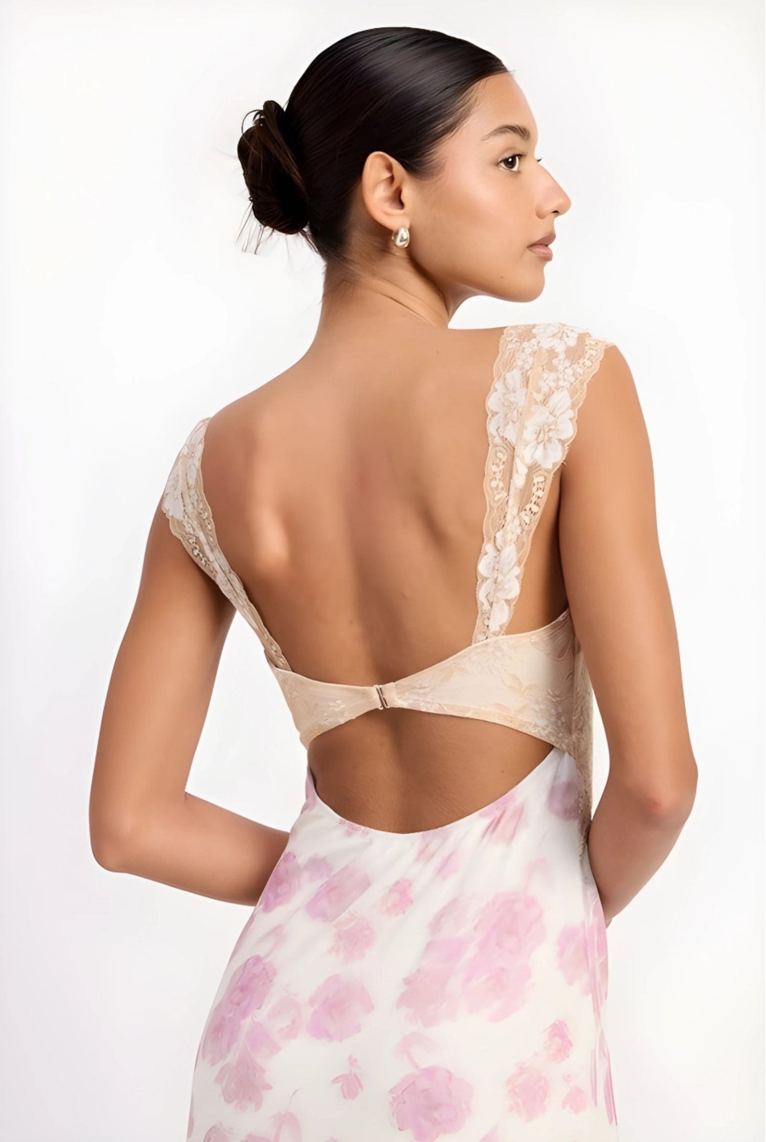 Emory Park Floral Mesh Lace Trim Maxi Dress With Bust Cutout featuring a low back and pink floral pattern