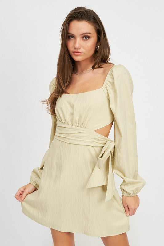 Emory Park Long Sleeve Tie Waist Mini Dress in light beige with square neckline and side cutout