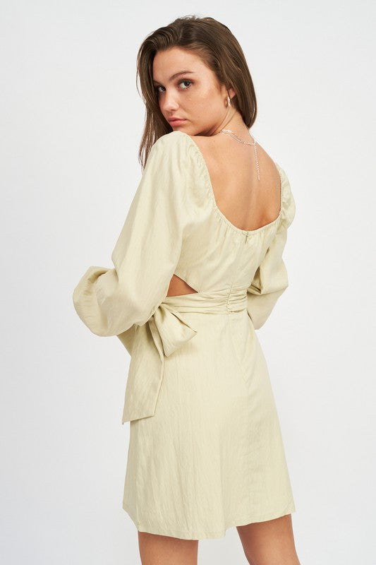 Emory Park Long Sleeve Tie Waist Mini Dress in beige with open back and puff sleeves