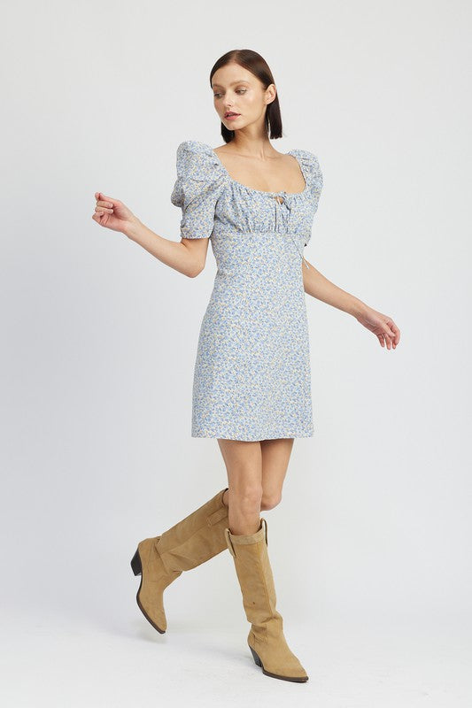 Emory Park Floral Mini Dress With Puff Sleeves in light blue with small floral print and square neckline