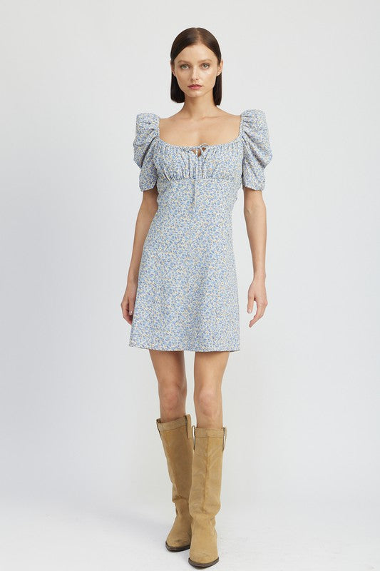 Emory Park Floral Mini Dress With Puff Sleeves in light blue with small floral print and knee-high tan boots