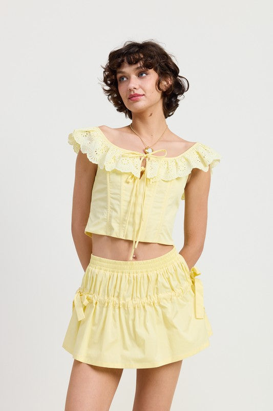 Emory Park yellow Square Neck Ruffle Corset Top with lace detailing and front tie