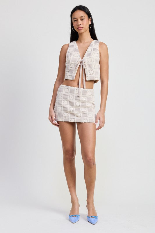 Emory Park Mini Jacquard Skirt with matching sleeveless crop top in beige geometric pattern