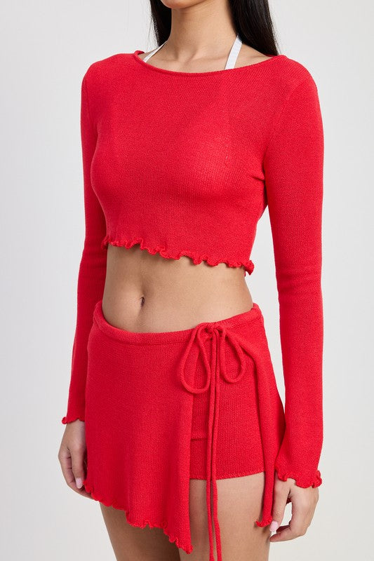 Emory Park long sleeve boat neck cropped top in red with matching skirt set stylish casual outfit