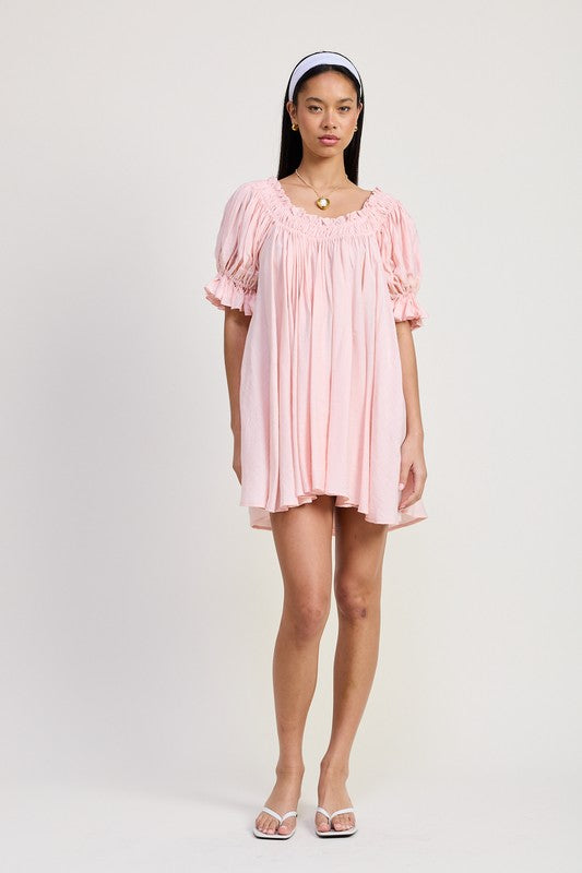 Emory Park Mini Embroidery Short Puff Sleeve Dress in soft pink with ruched neckline and puff sleeves