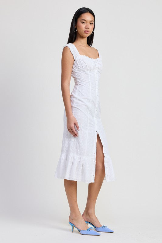 Emory Park Square Neck Midi Cap Sleeve Dress in white with front slit and ruffle hem