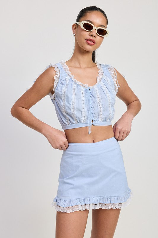 Emory Park sleeveless lace ruffled top in light blue with crochet details and front buttons