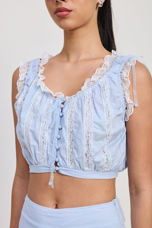 Emory Park Sleeveless Lace Ruffled Top in light blue with button front and delicate lace detailing