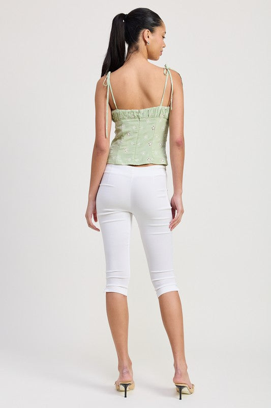 Emory Park Bustier Top With Shoulder Ties in light green floral pattern shown from back