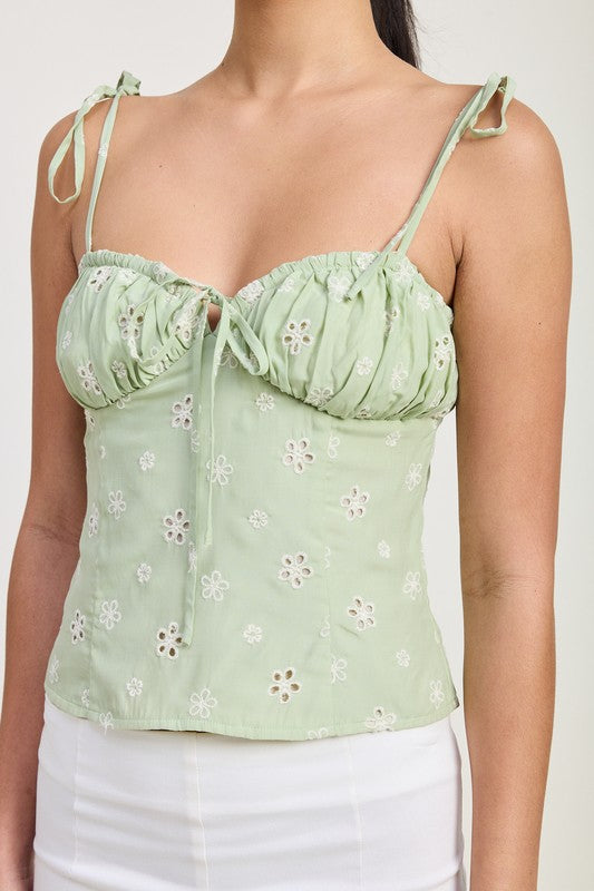 Emory Park green floral Bustier Top With Shoulder Ties featuring delicate embroidery and adjustable straps
