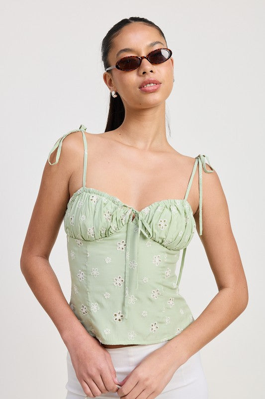 Emory Park Bustier Top With Shoulder Ties in light green with floral print and adjustable straps