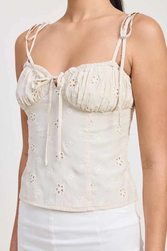 Emory Park Bustier Top With Shoulder Ties in cream floral eyelet fabric with adjustable shoulder ties