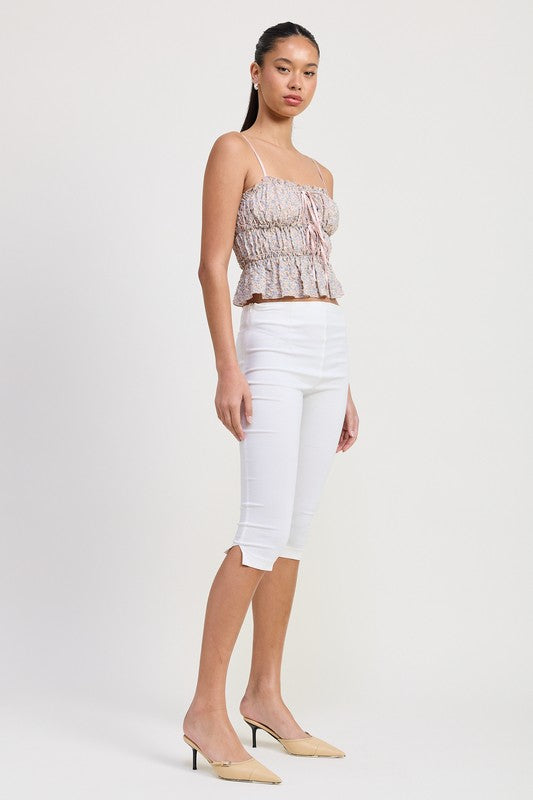 Emory Park Floral Tiered Ruffle Top with adjustable straps worn with white capri pants