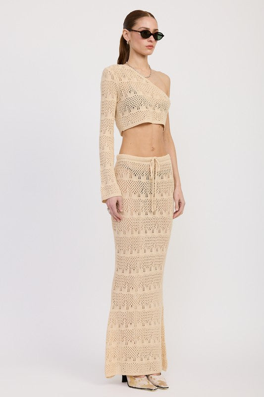 Emory Park beige One Shoulder Crochet Crop Top paired with matching high-waist crochet skirt