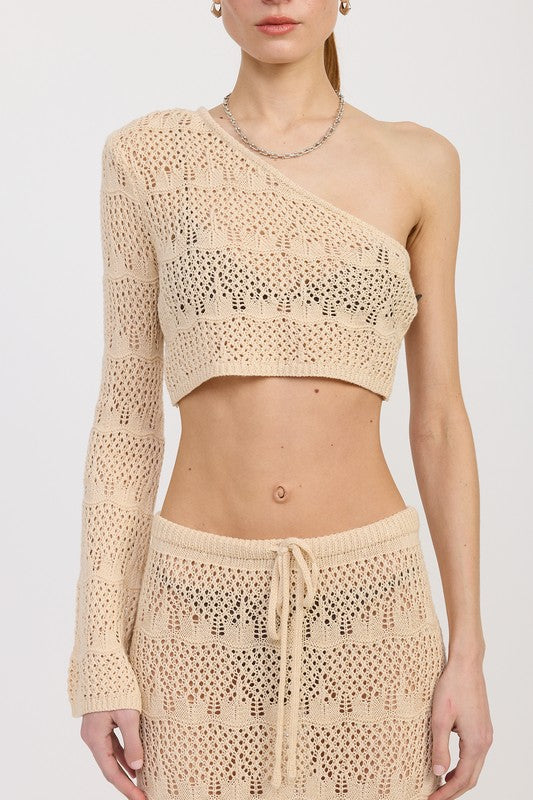 Emory Park one shoulder crochet crop top in beige with long sleeve and intricate knit pattern