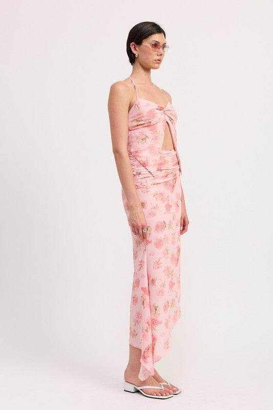 Emory Park pink floral asymmetrical ruched mermaid skirt with matching top worn by model