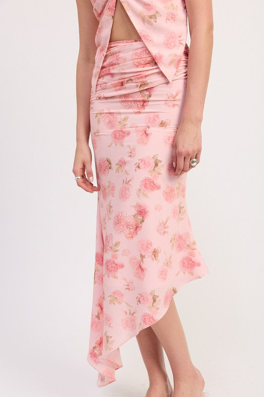 Emory Park pink floral Asymmetrical Ruched Mermaid Skirt with draped design and uneven hem
