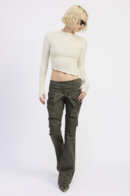 Emory Park Long Sleeve Boat Neck Top in cream with ribbed texture and cropped design