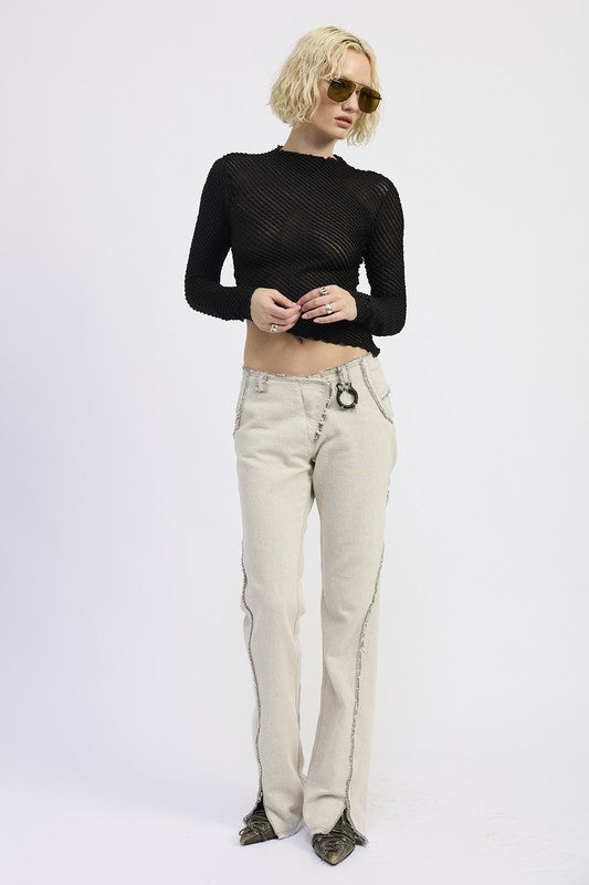 Emory Park Long Sleeve Boat Neck Top in black mesh, styled with light pants and sunglasses
