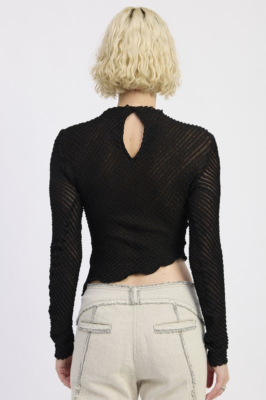 Emory Park Long Sleeve Boat Neck Top in Black with Textured Fabric and Keyhole Back Design
