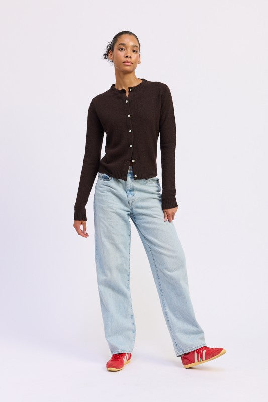 Emory Park Fitted Button-Up Cardigan in Dark Brown Paired with Light Blue Jeans and Red Sneakers