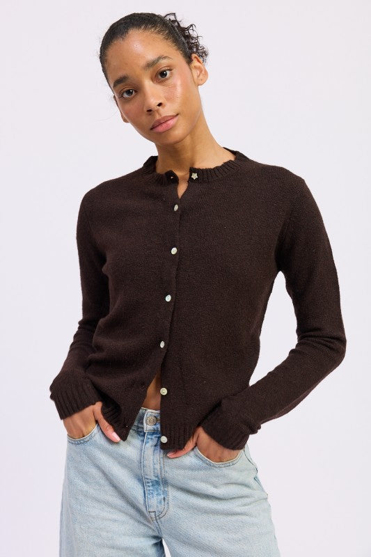 Emory Park Fitted Button-Up Cardigan in Dark Brown with Ribbed Cuffs and Classic Design