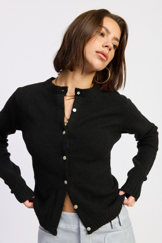 Emory Park Fitted Button-Up Cardigan in black with a comfortable fit and stylish button closure