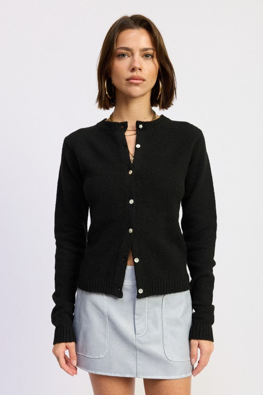 Emory Park Fitted Button-Up Cardigan in black with a ribbed hem and button details