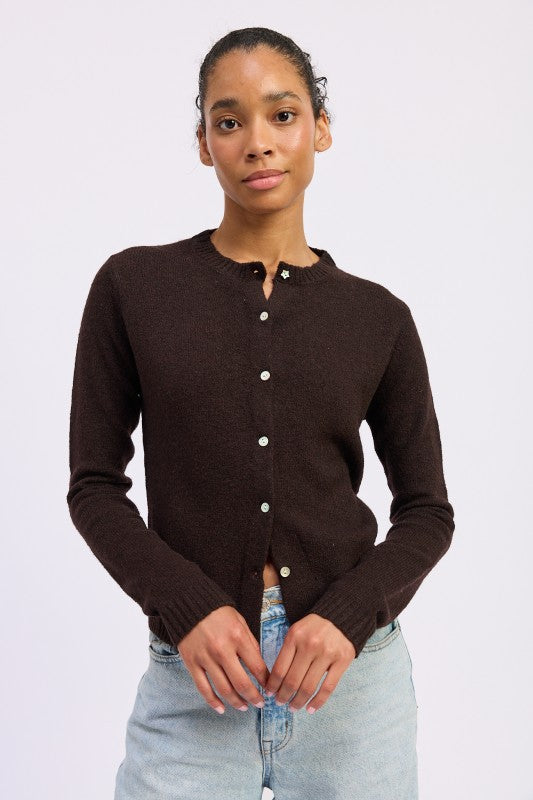 Emory Park Fitted Button-Up Cardigan in dark brown with a classic button closure and a cozy fit