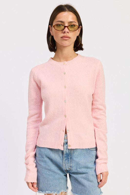 Emory Park Fitted Button-Up Cardigan in soft pink with a classic design and long sleeves