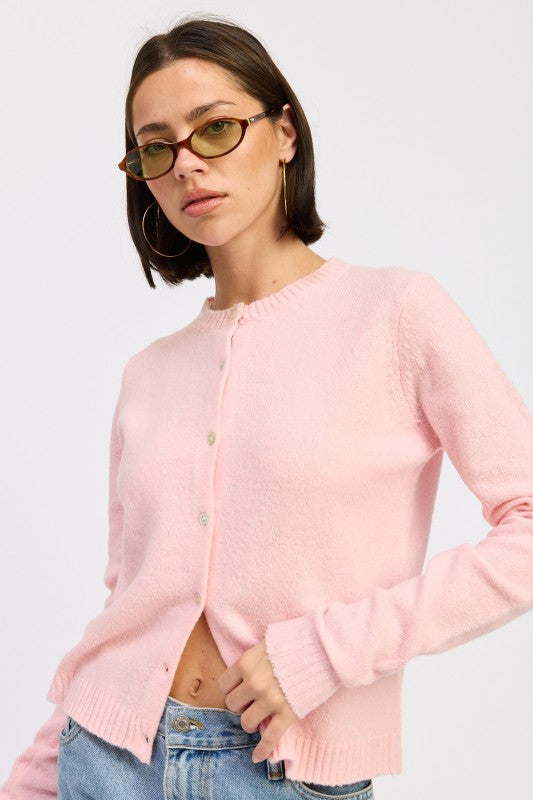 Emory Park Fitted Button-Up Cardigan in soft pink with round neckline and button closure front