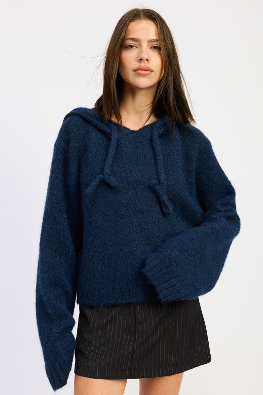 Emory Park Fringe Hoodie With Drawstrings in Navy Blue with Cozy Oversized Fit for Casual Wear