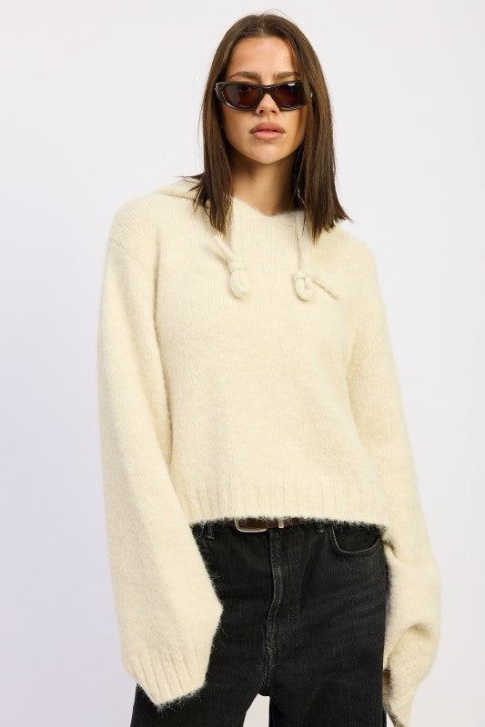 Cozy cream Fringe Hoodie With Drawstrings featuring oversized sleeves for a stylish look