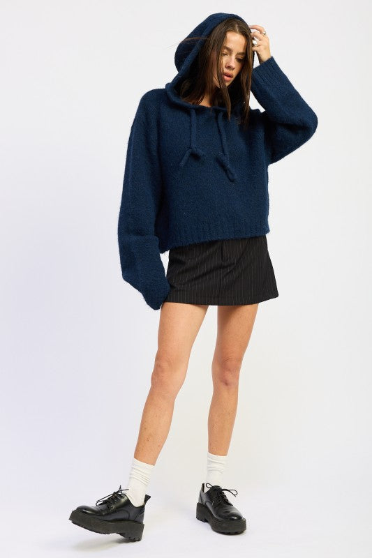 Navy Emory Park Fringe Hoodie With Drawstrings, featuring a cozy crop design and relaxed fit