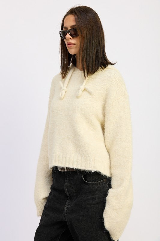 Emory Park Fringe Hoodie With Drawstrings in Cream Color, Soft Fabric and Cropped Design