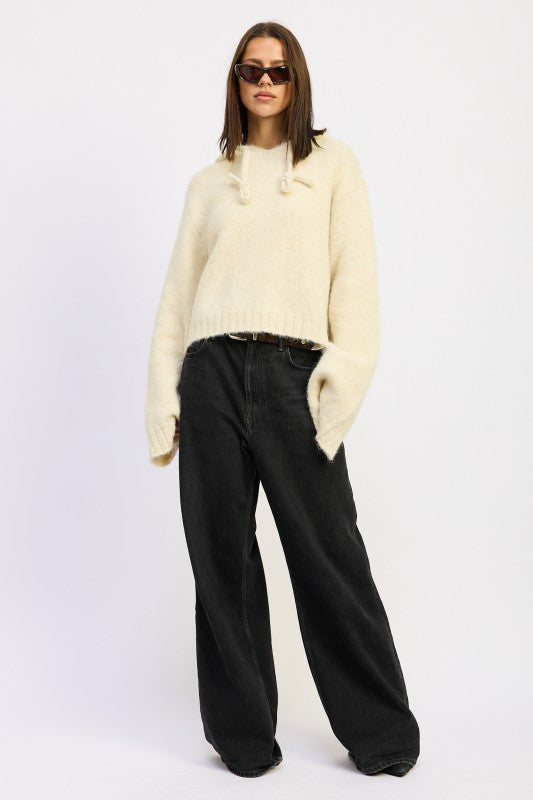 Emory Park Fringe Hoodie With Drawstrings in Cream Color with Relaxed Fit and Chunky Knit