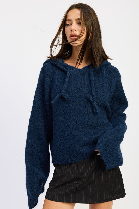 Emory Park Fringe Hoodie With Drawstrings in navy, featuring a cozy oversized fit and stylish sleeves