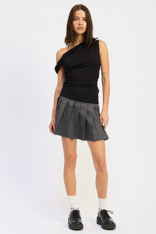 Contrasted Off Shoulder Mini Dress by Emory Park featuring a fitted top and pleated skirt design