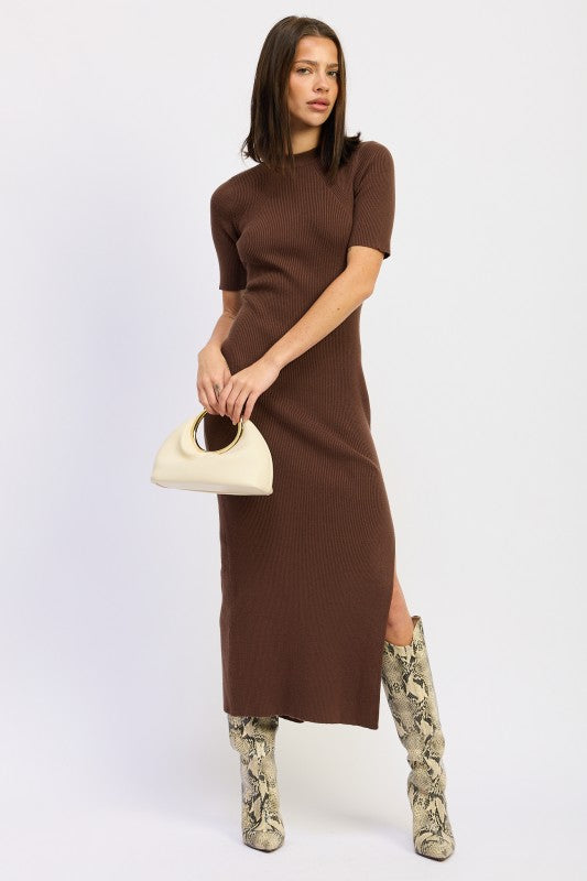 Emory Park Ribbed Sweater Midi Dress in Brown with Short Sleeves and Side Slit