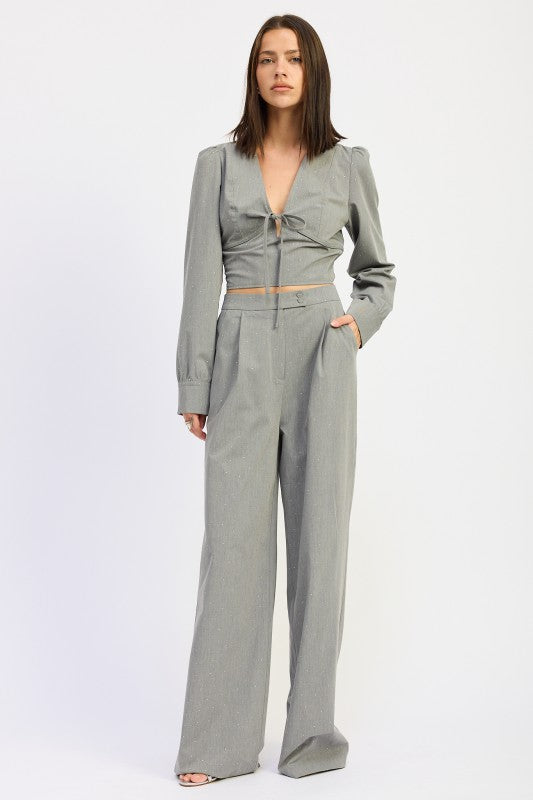 Emory Park Pleated Wide Leg Trousers With Rhinestones in light gray, featuring a stylish silhouette and pockets